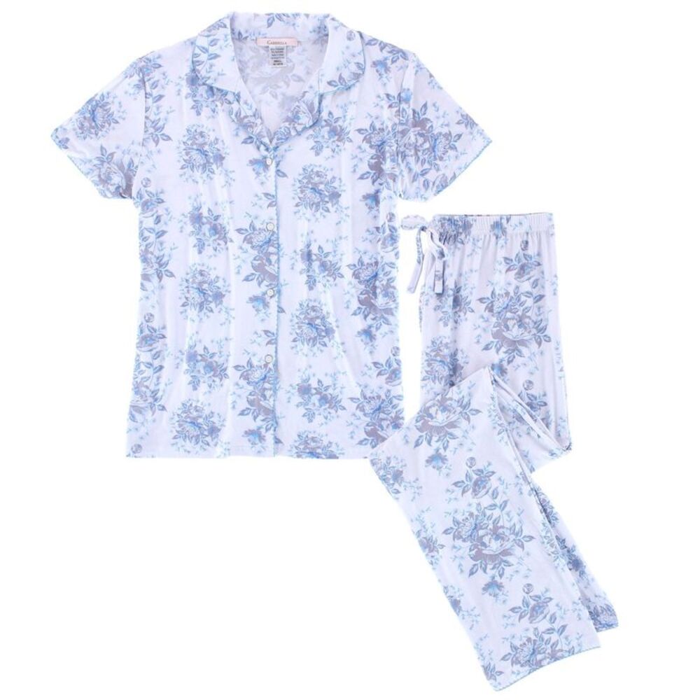 CTM Women's Floral Notched Collar Picot Pajama Set